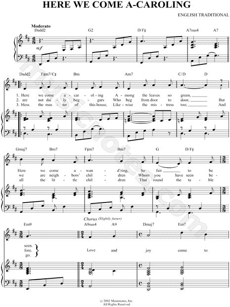 English Traditional "Here We Come A-Caroling" Sheet Music in D Major ...