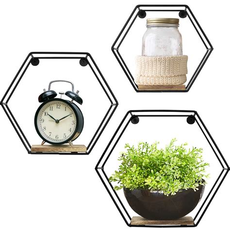 Buy Greenco Geometric Hexagon Shaped Floating Shelves, Honeycomb Shelves, Home Decor, Metal Wire ...