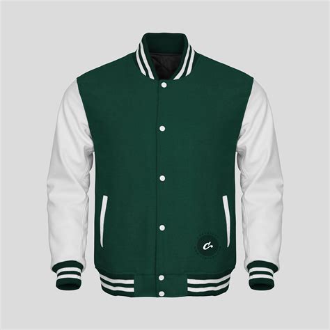 White Faux Leather Sleeves Green Wool Varsity Jacket