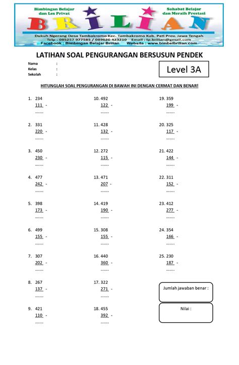 Soal Pengurangan Bersusun Pendek Level 3 | Pelajaran matematika, Belajar, Matematika