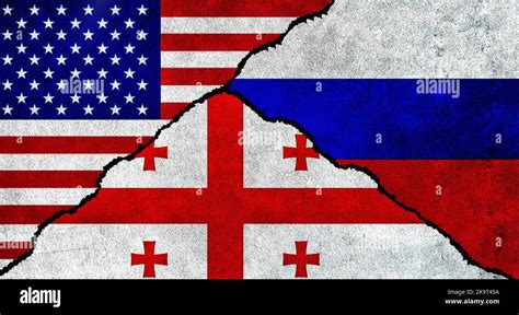 USA, Russia and Georgia flag together on a textured wall. Relations between Russia, Georgia and ...