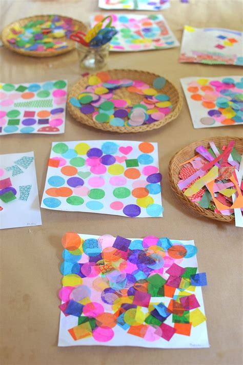 paper plates and crafting supplies on a table with the words easy shapes collage