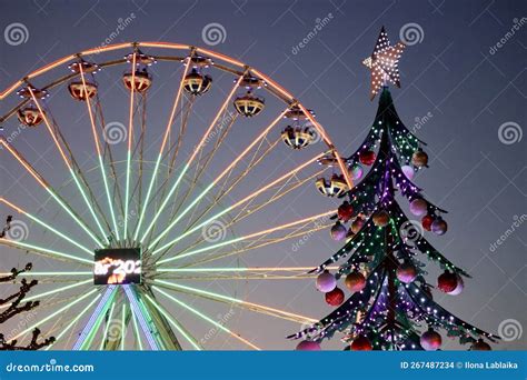 Ferris Wheel and Christmas Tree Editorial Stock Image - Image of ...