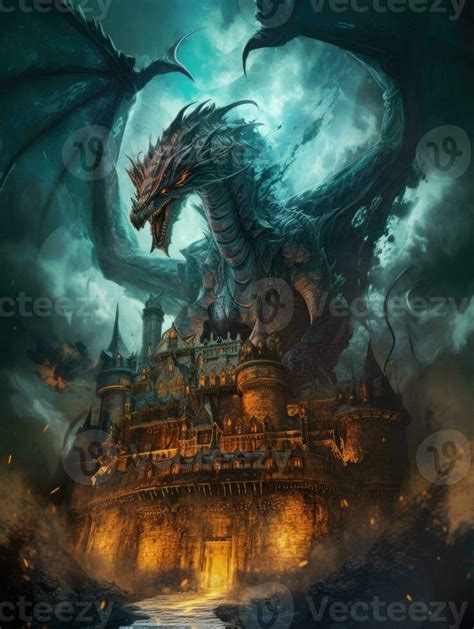 ancient city dragon castle game tattoo epic dark fantasy illustration ...