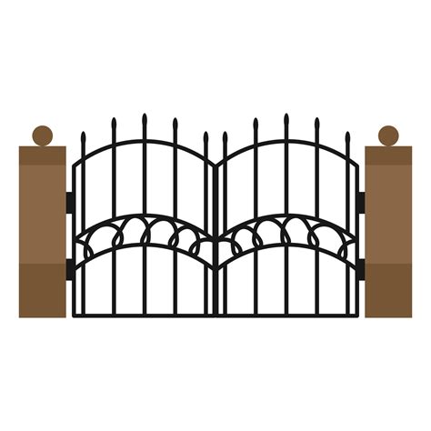 Gate with iron fence door and metal cartoon manor decoration. Front entrance from ironwork grid ...