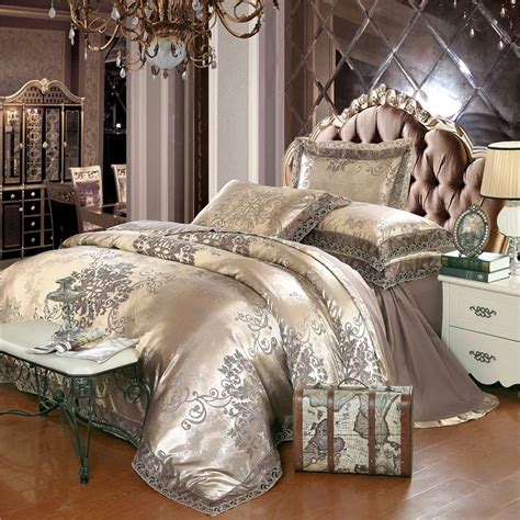 Luxury Jacquard Lace Bedding Set Bed Linen Ash blond Duvet Cover Satin Bed Set Silk Bed Sheet ...