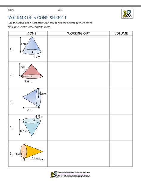 Cone Volume Worksheet