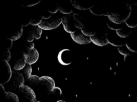 Black and white crescent moon, stars and clouds illustration on ...