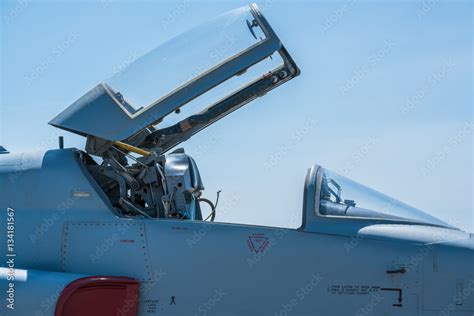 F-5E falcon cockpit under opened canopy at air show. Cockpit Of Fighter ...