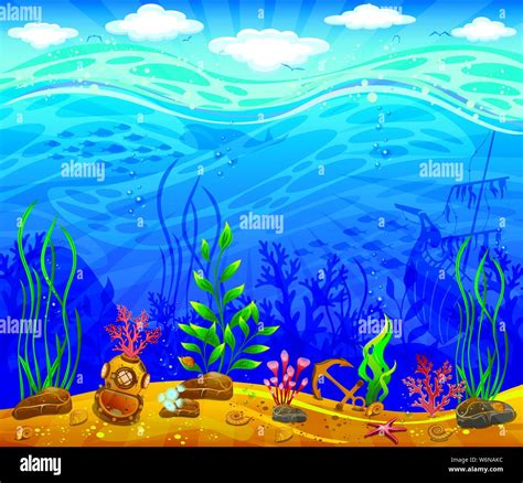 Underwater world. Sea bottom, plants, anchor, underwater helmet. Waves and sky with clouds Stock ...