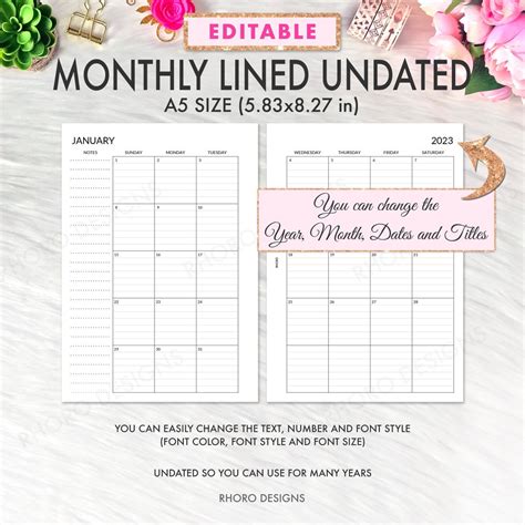 EDITABLE A5 Planner Inserts Printable A5 Monthly Lined - Etsy