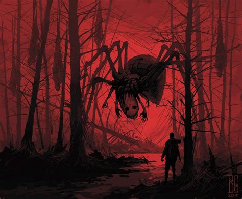 creepy, spider, horror, forest, dark, Boris Groh, red, digital art HD Wallpaper