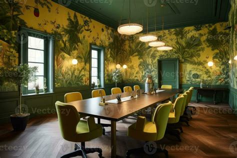 A conference room with a green and yellow wallpaper 28538380 Stock Photo at Vecteezy