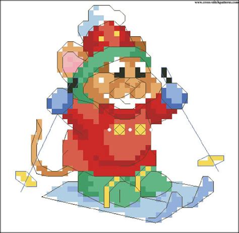 Mouse L Toe - Skiing - Counted cross stitch patterns and charts