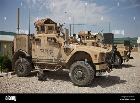 An Oshkosh M-ATV MRAP (Mine Resistant Ambush Protected) parked at a military base in Afghanistan ...