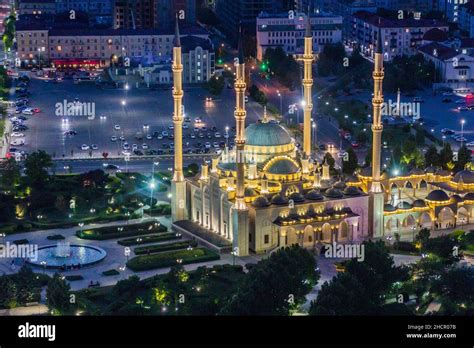 Evening view of Akhmad Kadyrov Mosque officially known as The Heart of Chechnya in Grozny ...