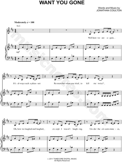 Jonathan Coulton "Want You Gone" Sheet Music in D Major (transposable) - Download & Print - SKU ...