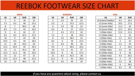 Reebok Size Chart - Greenbushfarm.com