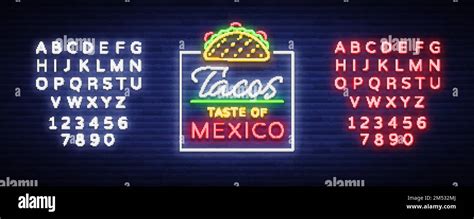 Taco logo vector. Neon sign on Mexican food, Tacos, street food, fast food, snack. Bright neon ...