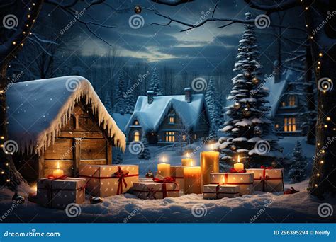 Snowy Christmas landscape stock photo. Image of house - 296395294