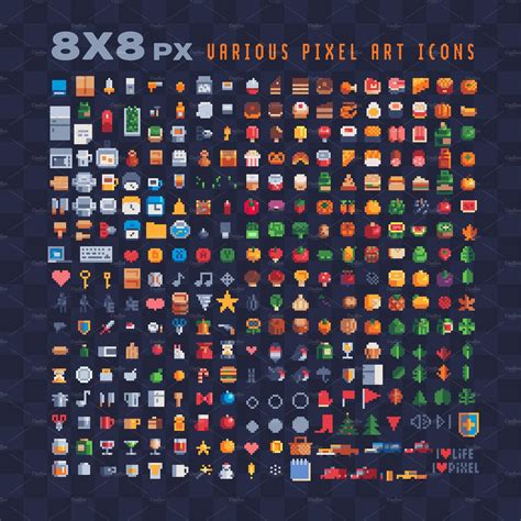 8x8px various pixel art icons set. | Pixel art games, Pixel art ...