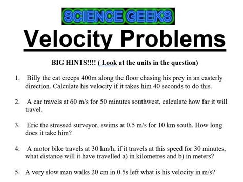 PHYSICS VELOCITY PROBLEMS | Teaching Resources