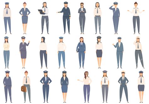 Premium Vector | Female pilot icons set cartoon vector woman work ...