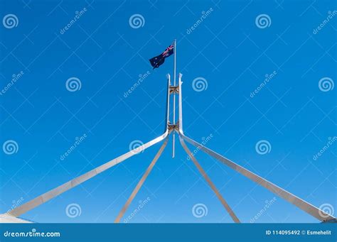 Australian National Flag on Top of Parliament House Stock Photo - Image ...