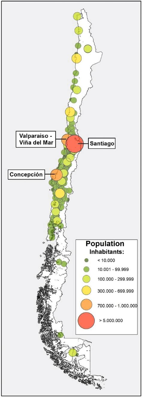 Spatial distribution of population in cities of continental Chile with... | Download Scientific ...