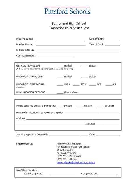 Fillable Online Sutherland High School Transcript Release Request Fax ...