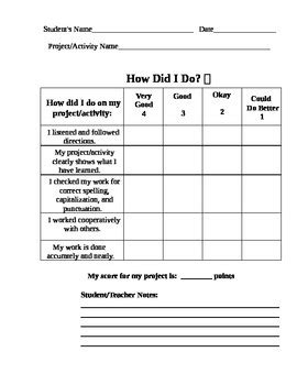 Student Self Assessment Rubric Template - Card Template