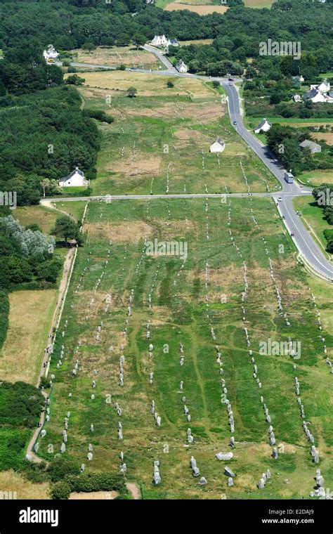 France, Morbihan, Carnac, row of megalithic standing stones at Menec (aerial view Stock Photo ...