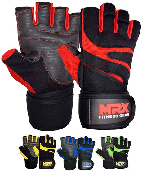 Weightlifting Gloves with Integrated Wrist Wrap Support Half Finger Body Building Gym Glove Red ...