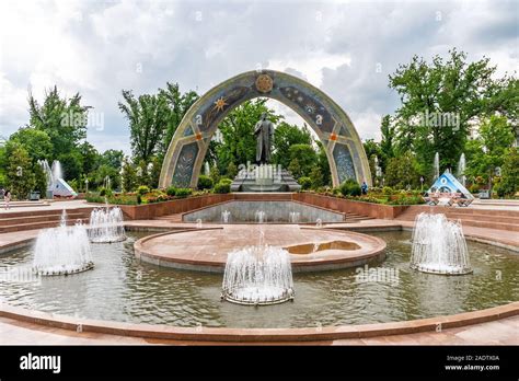 Dushanbe Abu Abdullah Rudaki Park Statue Picturesque View with Fountain on a Cloudy Rainy Day ...