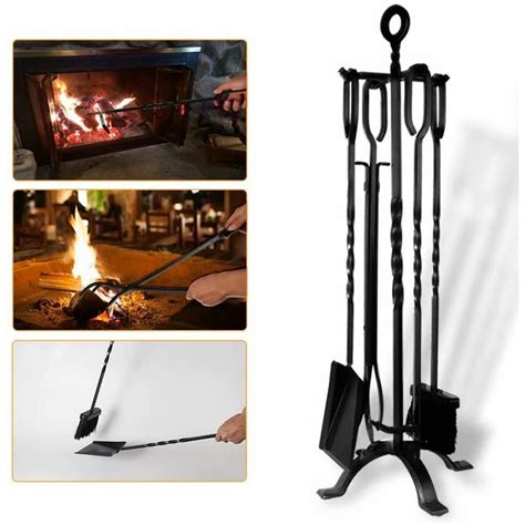 5 Pce Fireplace Tools Tool Set Wrought Iron Fire Set Fire Place Pit Poker Wood Stove Log Tongs ...