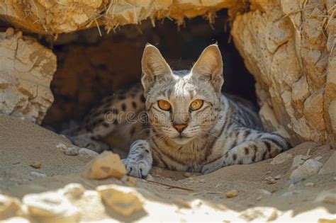 Alert African Wildcat Peering Out from a Desert Cave Hideout in Natural ...