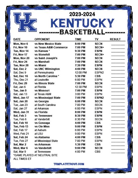 Printable 2023-2024 Kentucky Wildcats Basketball Schedule