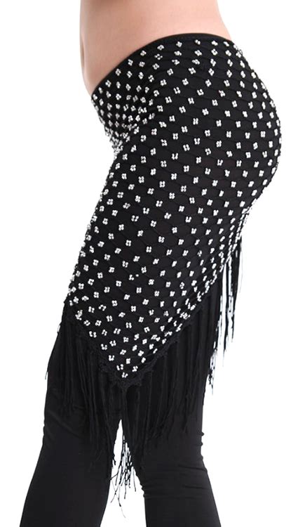 Crochet Beaded Shawl Hip Scarf with Fringe in Black / Silver