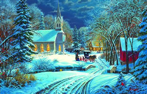 1920x1080px, 1080P free download | Heavenly light, sleigh, art, house, christmas, church, winter ...