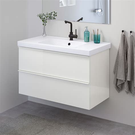 GODMORGON / ODENSVIK Sink cabinet with 2 drawers - high gloss white/LUNDSKÄR faucet - IKEA