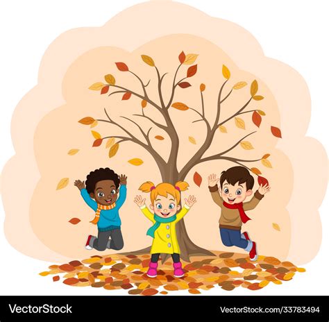 Cartoon happy kids playing in autumn background Vector Image