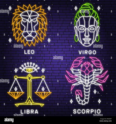 Set of zodiac astrology horoscope neon sign leo, virgo, libra, scorpio linear design. Vector ...