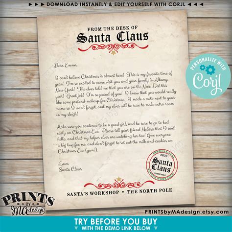 Letter from Santa Claus, Custom Santa Letter Template, One Editable PRINTABLE 8.5x11 Digital ...