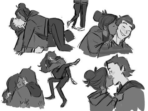 some sketches of people hugging and kissing each other in different poses, with one person ...