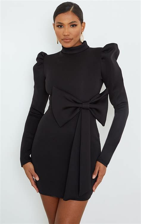 Black High Neck Bow Detail Scuba Bodycon Dress | PrettyLittleThing