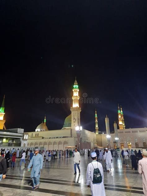 Pilgrims Gather at Night in the Outer Courtyard of Masjid Al Nabawi ...