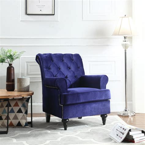 Traditional Tufted Velvet Fabric Accent Chair, Living Room Armchair with Nailheads, Royal Blue ...