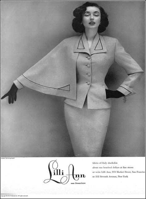 Dorian Leigh in a suit by Lilli Ann. Photo by Richard Avedon. Harper's Bazaar, September 1952. | '50