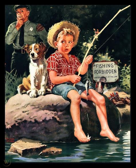 VINTAGE 1950"S "TROUBLE BREWING" BOY FISHING ART PRINT BY FRANCES ...