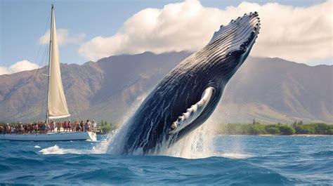 Premium AI Image | Humpback whale jumping near a boat full of tourists showing its majestic size